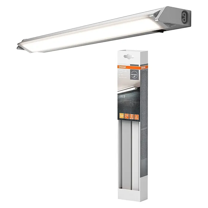 Osram Linear LED-Unterbauleuchte Turn - Länge: 35,7 cm, Warmweiß - Ein beleuchtetes silbernes Osram Linear-LED-Licht mit Verpackung.