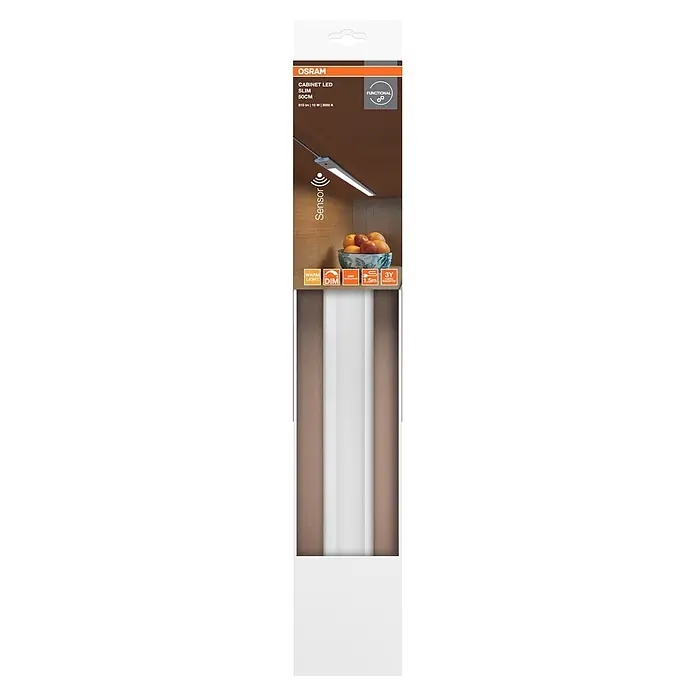 Osram LED-Unterbauleuchte Slim - L x B x H: 50 x 3,76 x 0,8 cm, Lichtfarbe: Warmweiß - Weißes OSRAM CABINET LED SLIM 50CM Unterschranklicht mit Sensor und Dimmfunktion, installiert und verpackt.