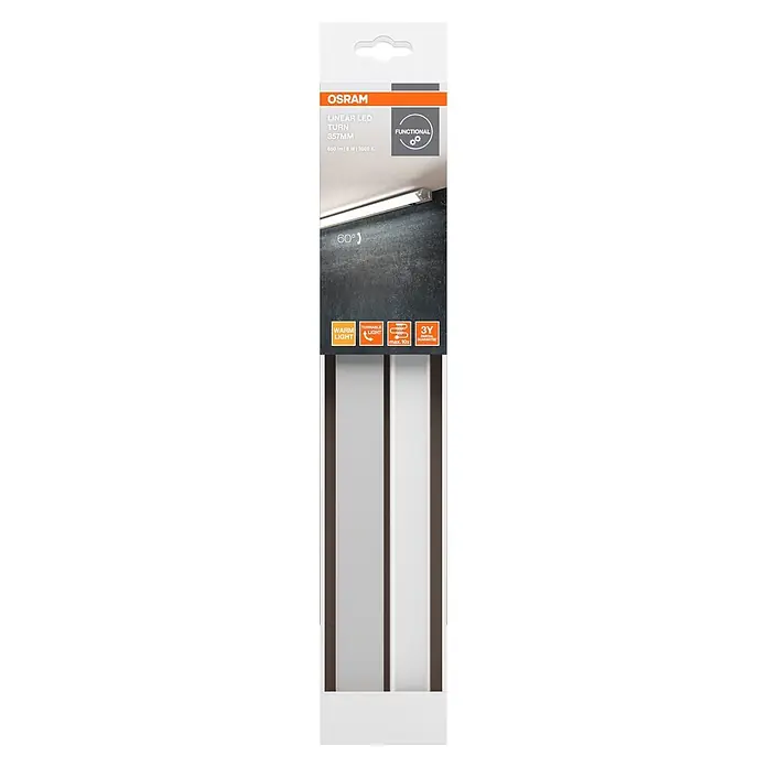 Osram Linear LED-Unterbauleuchte Turn - Länge: 35,7 cm, Warmweiß - OSRAM LINEAR LED TURN Leuchte, 357mm, 6W, 3000K Warmlicht. Auf dunkler Fläche montiert, um 60 Grad verstellbar.