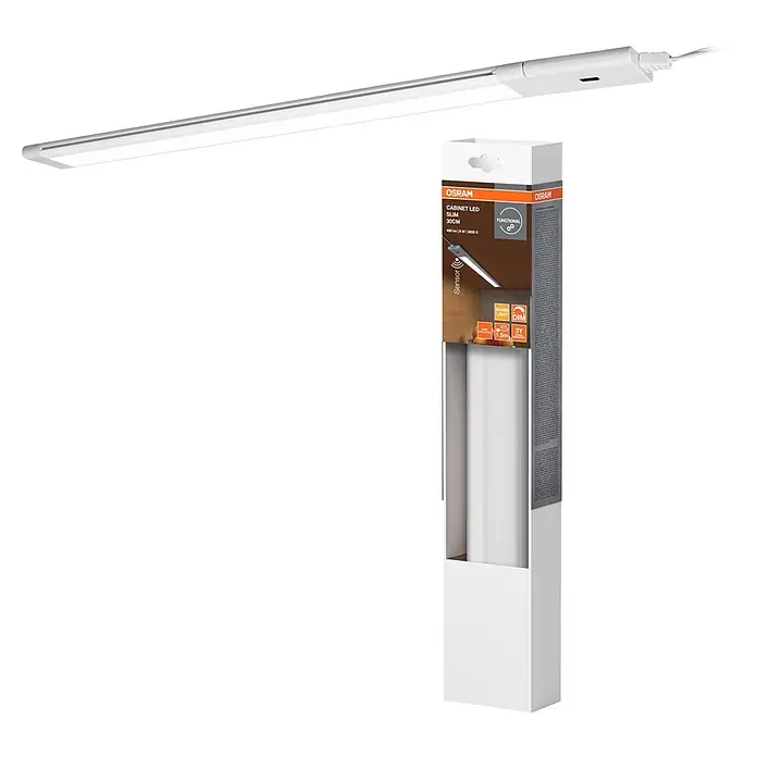 Osram LED-Unterbauleuchte Slim - L x B x H: 30 x 3,76 x 0,8 cm, Lichtfarbe: Warmweiß, 220 V - 240 V - Weiße OSRAM Slim 30cm LED-Unterschrankleuchte mit Sensor, neben ihrer weiß-orangen Produktverpackung.