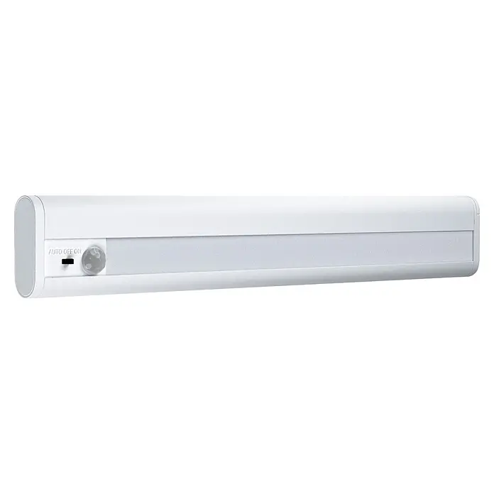 Osram LED-Unterbauleuchte Linear Mobile Battery - L x B x H: 31,4 x 4,8 x 1,8 cm, Lichtfarbe: Neutralweiß - Weiße rechteckige LED-Lichtleiste mit Bewegungssensor und "AUTO OFF ON"-Schalter.