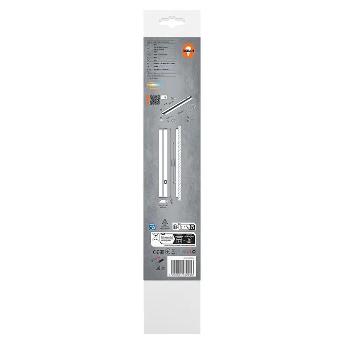 Osram Linear LED-Unterbauleuchte Turn - Länge: 35,7 cm, Warmweiß - Weißes lineares LED-Licht mit technischen Daten, Abmessungen, Zubehör und Recyclinginformationen auf der Verpackung.