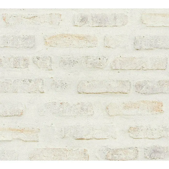 A.S. Création New Walls Vliestapete Stein - Pastell, Steinoptik, 10,05 x 0,53 m - Nahaufnahme einer weißen Ziegelmauer mit leichter Textur und subtilen Farbvariationen, die einen rustikalen Charme verleihen.