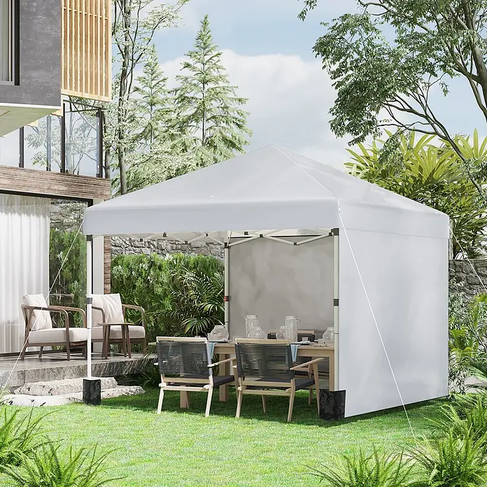 Outsunny Faltpavillon - B x T: 297 x 300 cm, Farbe Dach: Hellgrau - Weißes Pop-up-Pavillon-Zelt, im Freien aufgestellt, mit Esstisch und Stühlen darin.