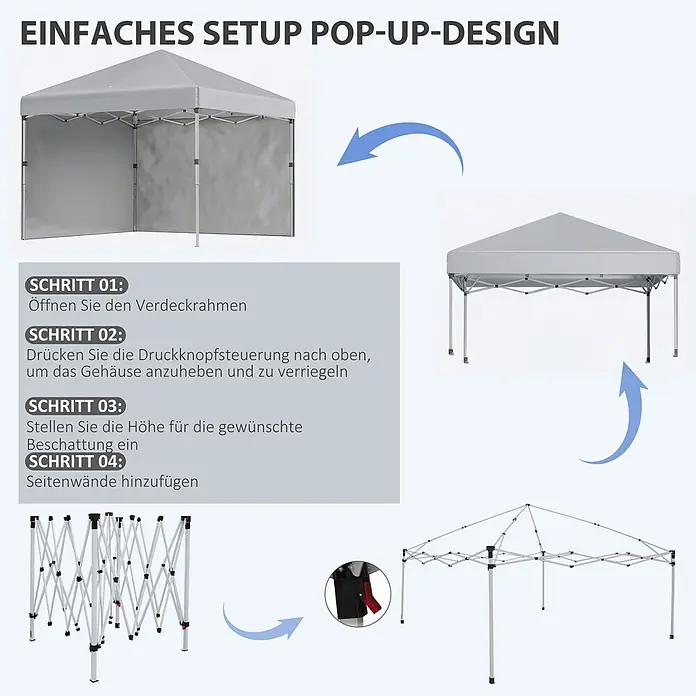 Outsunny Faltpavillon - B x T: 297 x 300 cm, Farbe Dach: Hellgrau - Graues Pop-Up-Pavillon mit Metallrahmen, das den einfachen Aufbau in vier Schritten zeigt, inklusive Seitenwände.