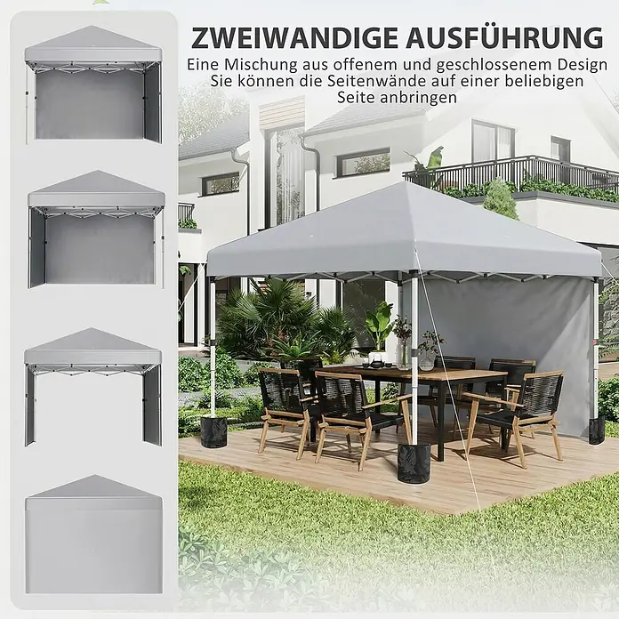 Outsunny Faltpavillon - B x T: 297 x 300 cm, Farbe Dach: Hellgrau - Grauer Pop-up-Pavillon mit Seitenwänden auf einer Holzterrasse über Rasen, über einer Essgruppe. Einsätze zeigen das moduläre Design.