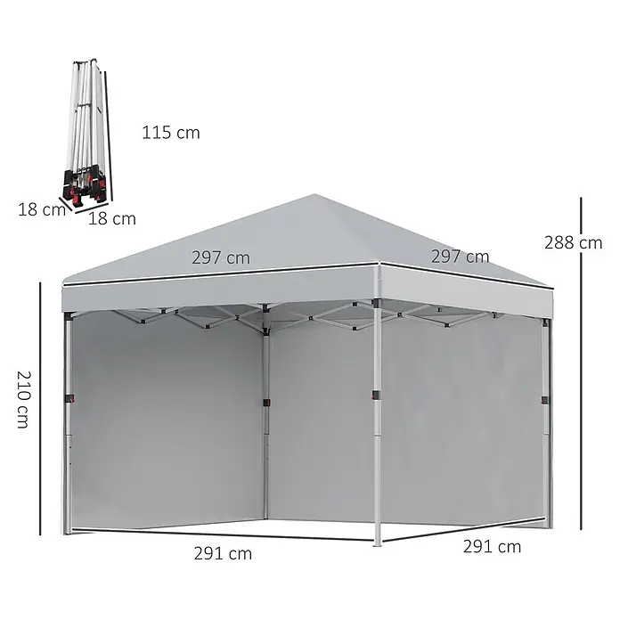 Outsunny Faltpavillon - B x T: 297 x 300 cm, Farbe Dach: Hellgrau - Grauer Faltpavillon mit Seitenwänden, ausgeklappt (291x291x288 cm) und zusammengeklappt (115x18x18 cm).
