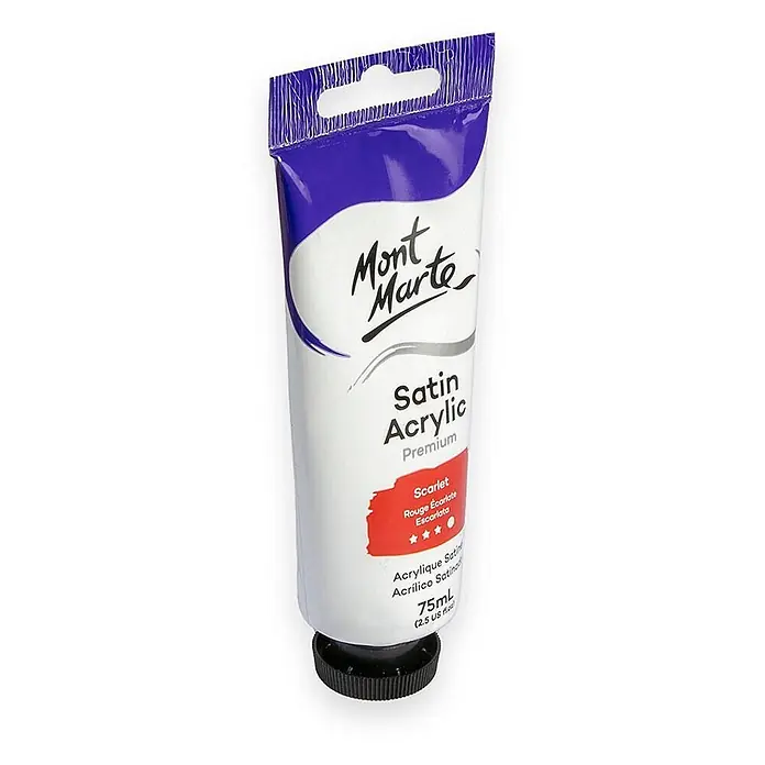 Mont Marte Acrylfarbe Premium - Scharlachrot, 75 ml, Tube - Mont Marte Satin Acryl Premium Farbtube, 75ml, Scharlachrot. Weiße Tube mit lila Oberseite und schwarzer Kappe, mit Aufhänger.