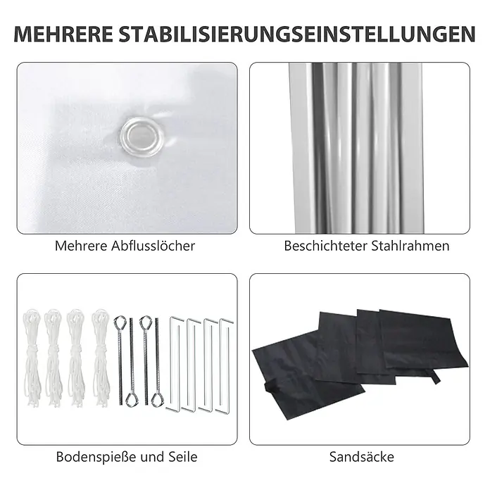 Outsunny Faltpavillon - B x T: 297 x 300 cm, Farbe Dach: Hellgrau - Verschiedene Stabilisierungsmerkmale: Abflusslöcher, beschichteter Stahlrahmen, Bodenanker, Seile und Sandsäcke.
