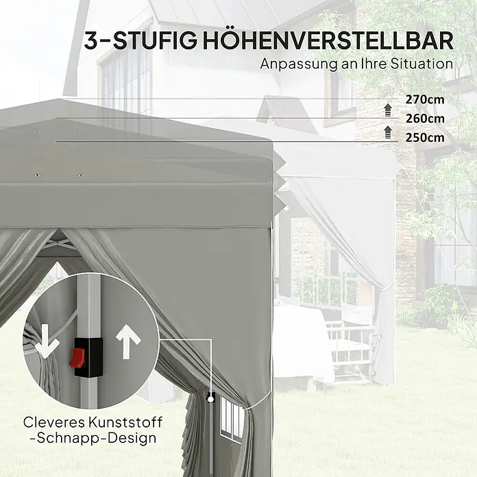 Outsunny Faltpavillon - B x T: 248 x 250 cm, Farbe Dach: Hellgrau - Grauer Pavillon mit 3-stufiger Höhenverstellung (250-270cm) und cleverem Kunststoffschnappverschluss.