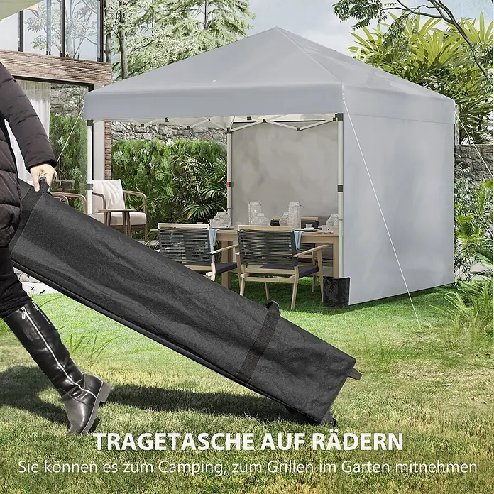 Outsunny Faltpavillon - B x T: 297 x 300 cm, Farbe Dach: Hellgrau - Schwarze Tragetasche auf Rädern für ein graues Faltpavillon, von einer Person im Garten gezogen.