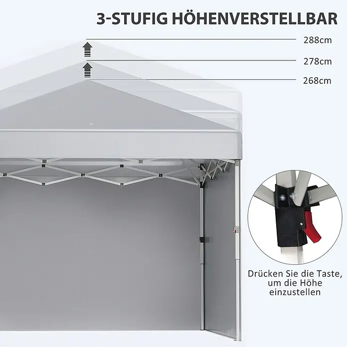 Outsunny Faltpavillon - B x T: 297 x 300 cm, Farbe Dach: Hellgrau - Graues Faltzelt mit 3-stufiger Höhenverstellung (288cm, 278cm, 268cm) und Taste zur Höhenanpassung.