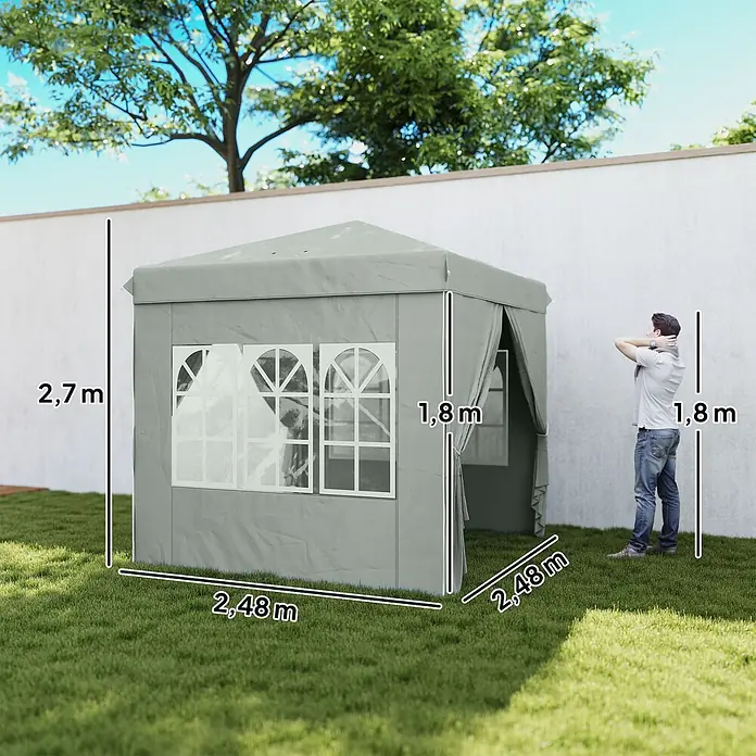 Outsunny Faltpavillon - B x T: 248 x 250 cm, Farbe Dach: Hellgrau - Graues Gartenpavillon mit Bogenfenstern und Maßen (2,7m H, 2,48m B/T), auf Rasen.