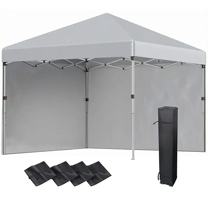 Outsunny Faltpavillon - B x T: 297 x 300 cm, Farbe Dach: Hellgrau - Graues Faltpavillon mit drei Seitenwänden, einer schwarzen Rolltragetasche und vier schwarzen Gewichtssäcken.