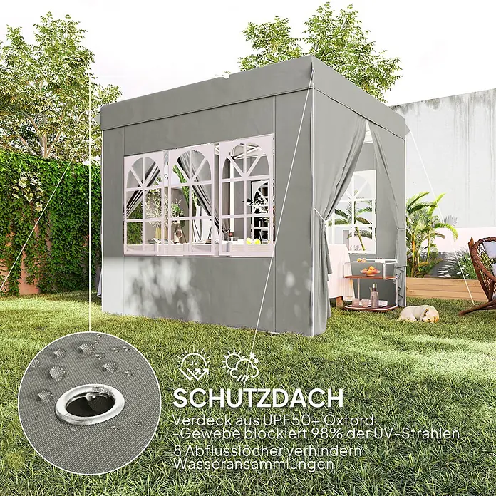 Outsunny Faltpavillon - B x T: 248 x 250 cm, Farbe Dach: Hellgrau - Grauer Gartenpavillon aus Oxford-Gewebe mit UV50+-Schutz und 8 Wasserabflusslöchern, im Garten aufgestellt.