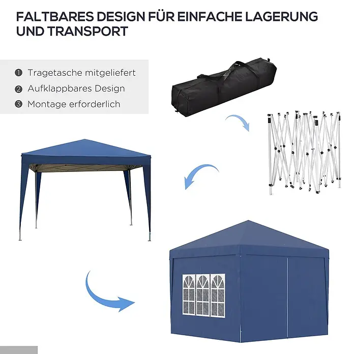 Outsunny Faltpavillon - B x T: 295 x 295 cm, Farbe Dach: Blau - Blauer Faltpavillon in verschiedenen Phasen: verpackt in Tragetasche, zusammengeklapptes Gestell, offenes Dach und komplett mit Seitenwänden aufgebaut.
