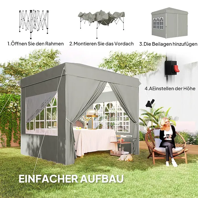 Outsunny Faltpavillon - B x T: 248 x 250 cm, Farbe Dach: Hellgrau - Graues Pop-up-Pavillon mit Schritt-für-Schritt-Montageanleitung, geeignet für schnellen Aufbau und den Außeneinsatz.