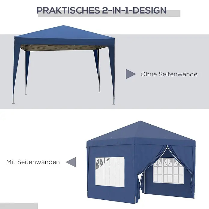 Outsunny Faltpavillon - B x T: 295 x 295 cm, Farbe Dach: Blau - Blauer Pavillon im 2-in-1-Design, einmal ohne Seitenwände und einmal mit Fenstern und Eingang dargestellt.