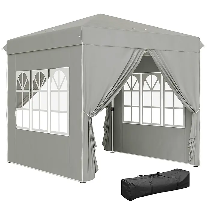 Outsunny Faltpavillon - B x T: 248 x 250 cm, Farbe Dach: Hellgrau - Grauer tragbarer Pavillon mit Bogenfenstern und einer schwarzen Tragetasche.