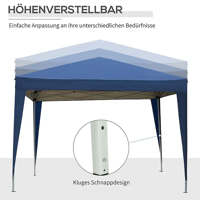 Outsunny Faltpavillon - B x T: 295 x 295 cm, Farbe Dach: Blau - Blaues Faltpavillon mit drei Höheneinstellungen, inklusive Schnappverschluss-Beindesign.
