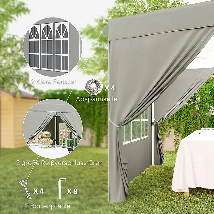 Outsunny Faltpavillon - B x T: 248 x 250 cm, Farbe Dach: Hellgrau - Graues Outdoor-Pavillon mit Fenstern und Reißverschlusstüren, mit Zubehör.