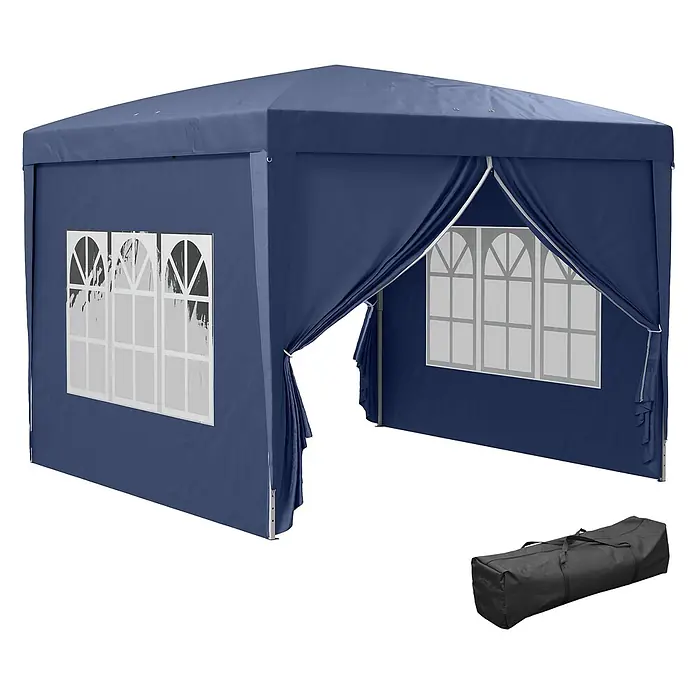 Outsunny Faltpavillon - B x T: 295 x 295 cm, Farbe Dach: Blau - Blaues Partyzelt mit Klarsichtfenstern, geöffneten Eingangsklappen und einer schwarzen Tragetasche.