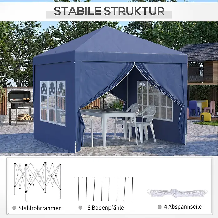 Outsunny Faltpavillon - B x T: 295 x 295 cm, Farbe Dach: Blau - Blaues Gartenzelt im Freien aufgebaut, mit Stahlrahmen, 8 Bodenpfählen und 4 Abspannseilen.