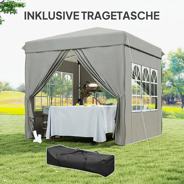 Outsunny Faltpavillon - B x T: 248 x 250 cm, Farbe Dach: Hellgrau - Grauer Gartenpavillon mit Fensterpaneelen, auf Rasen aufgebaut, mit Tisch und schwarzer Tragetasche.