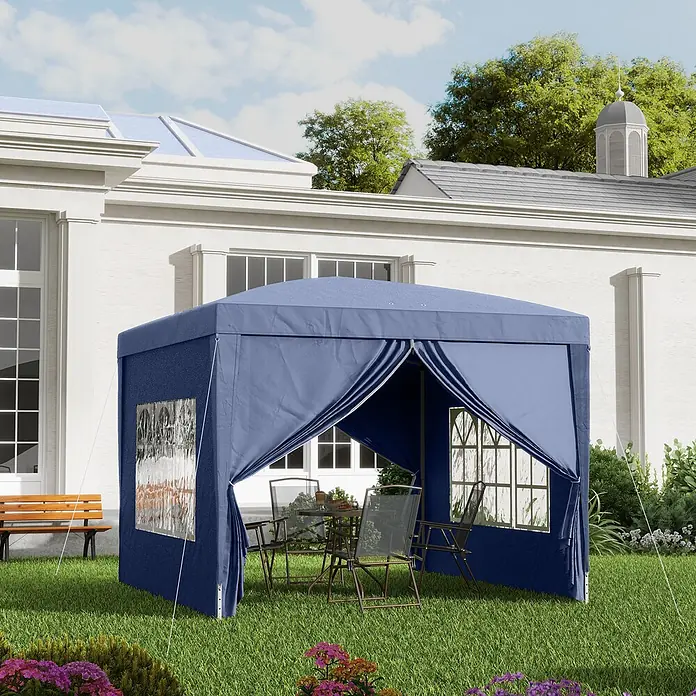 Outsunny Faltpavillon - B x T: 295 x 295 cm, Farbe Dach: Blau - Blauer Outdoor-Pavillon mit transparenten Fensterpaneelen, der eine Terrassen-Sitzgruppe für vier Personen beherbergt.