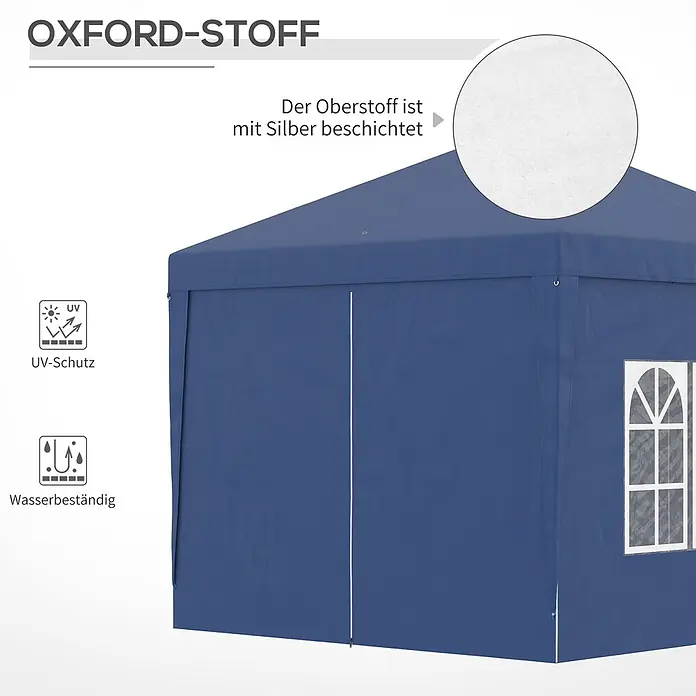 Outsunny Faltpavillon - B x T: 295 x 295 cm, Farbe Dach: Blau - Blaues Zelt aus Oxford-Stoff, silberbeschichtet, UV- und wasserbeständig.