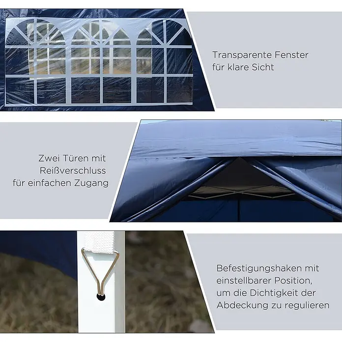 Outsunny Faltpavillon - B x T: 295 x 295 cm, Farbe Dach: Blau - Blaue Partyzelt-Details: transparente Fenster, Reißverschluss-Zugang und verstellbare Haken für Abdeckungsspannung.