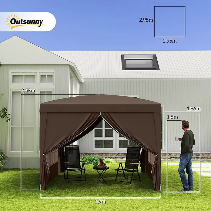 Outsunny Faltpavillon - B x T: 295 x 300 cm, Farbe Dach: Kaffee - Braunes Gartenpavillon im Garten, bietet schattigen Sitzbereich. Maße (ca. 2,9m B, 2,58m H) und eine Person zur Größenangabe sind abgebildet.