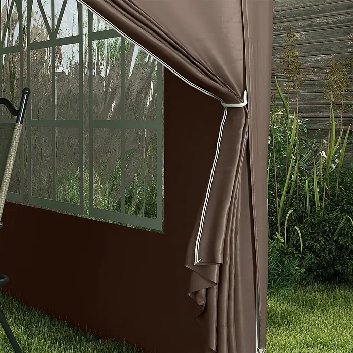 Outsunny Faltpavillon - B x T: 295 x 300 cm, Farbe Dach: Kaffee - Braunes Zeltseitenteil mit Klarsichtfenster, teilweise hochgerollt, zeigt weißen Besatz und grünes Gartenlaub.