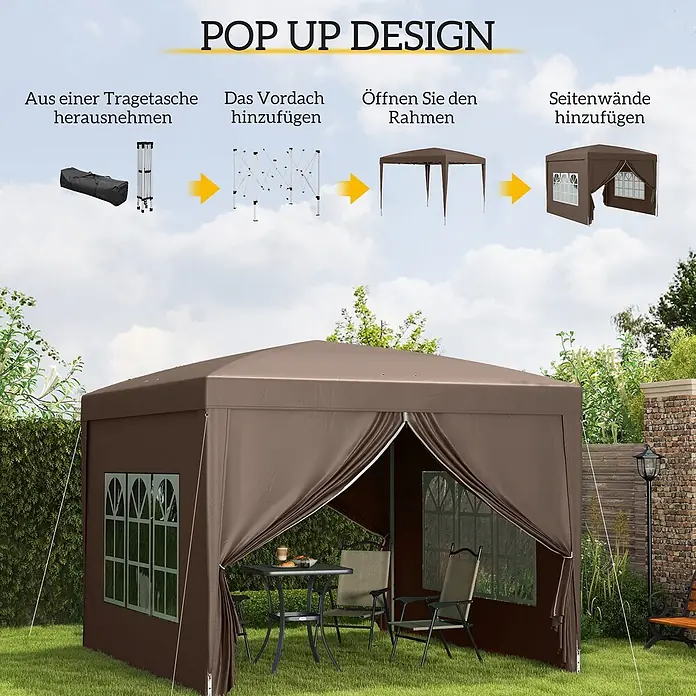 Outsunny Faltpavillon - B x T: 295 x 300 cm, Farbe Dach: Kaffee - Braunes Pop-Up-Gartenpavillon im Garten, mit Anleitung zur einfachen Montage.