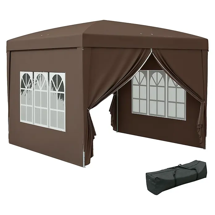 Outsunny Faltpavillon - B x T: 295 x 300 cm, Farbe Dach: Kaffee - Braunes Pavillon mit Fensterpaneelen und offenem Eingang, dargestellt mit schwarzer Tragetasche.