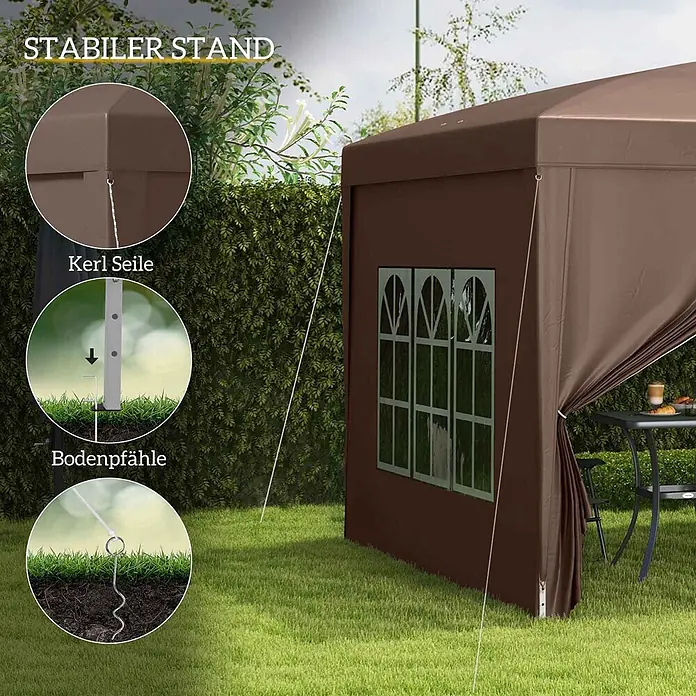 Outsunny Faltpavillon - B x T: 295 x 300 cm, Farbe Dach: Kaffee - Braunes Partyzelt im Garten, Detailaufnahmen zeigen stabile Verankerung mit Seilen und Erdnägeln.