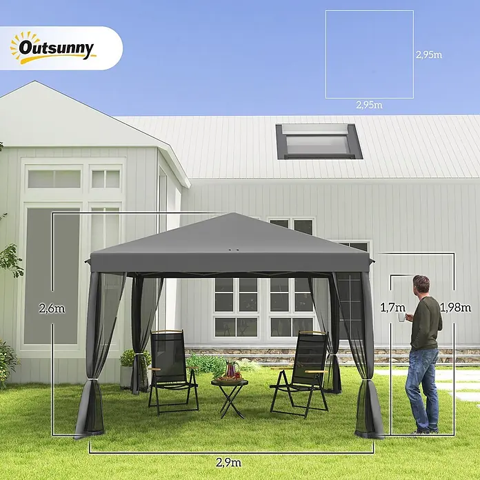 Outsunny Faltpavillon - B x T: 295 x 300 cm, Farbe Dach: Hellgrau - Dunkelgrauer Gartentpavillon mit Netzseitenwänden, Stühlen und Tisch. Maße: 2,9x2,9x2,6m. Im Garten.