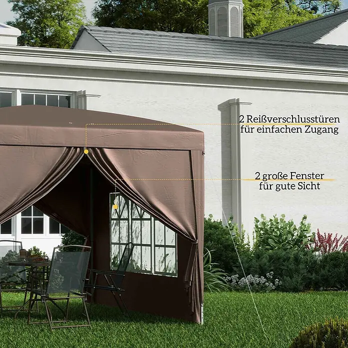 Outsunny Faltpavillon - B x T: 295 x 300 cm, Farbe Dach: Kaffee - Brauner Pavillon im Garten mit zwei Reißverschluss-Türen und zwei großen Fenstern für einfachen Zugang und gute Sicht.