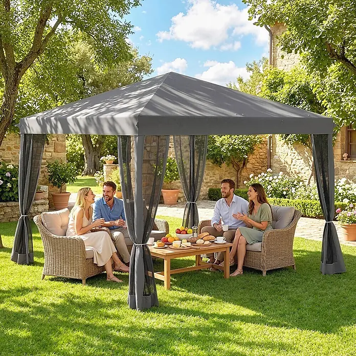 Outsunny Faltpavillon - B x T: 295 x 300 cm, Farbe Dach: Hellgrau - Dunkelgraues Gartenpavillon mit Netzseitenwänden, das vier Personen Schatten für Mahlzeiten im Freien bietet.