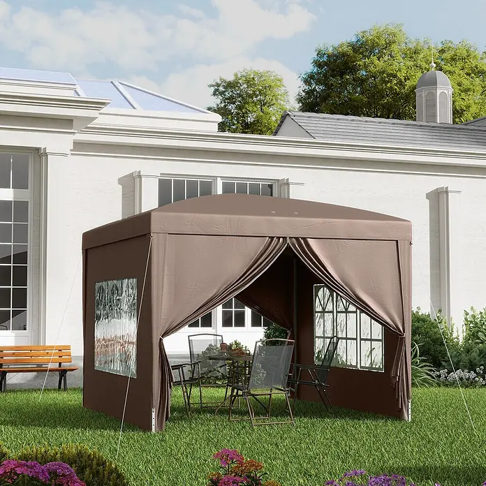 Outsunny Faltpavillon - B x T: 295 x 300 cm, Farbe Dach: Kaffee - Brauner Stoffpavillon mit geöffneten Seiten, in einem Garten mit Tisch und Stühlen aufgestellt.