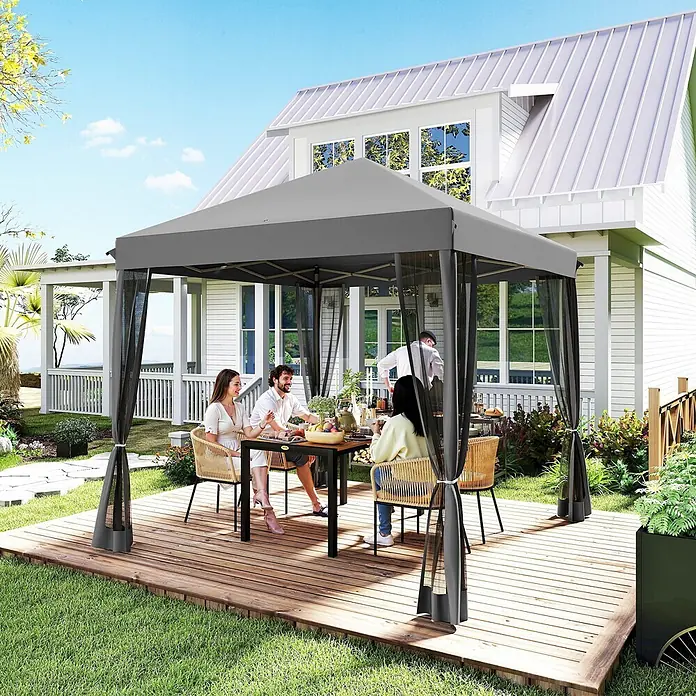 Outsunny Faltpavillon - B x T: 295 x 300 cm, Farbe Dach: Hellgrau - Dunkelgrauer Pavillon mit schwarzem Moskitonetz auf Holzterrasse, bietet Schatten für Essende im Freien.