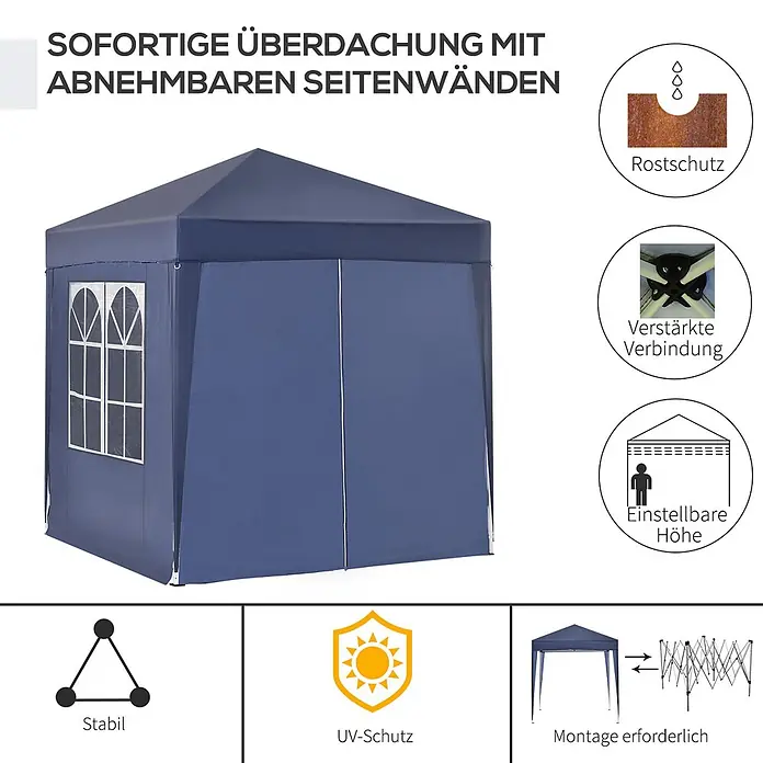 Outsunny Faltpavillon - B x T: 2 m x 200 cm, Farbe Dach: Blau - Blauer Faltpavillon mit abnehmbaren Seitenwänden, Fenstern, UV-Schutz und verstellbarer Höhe.
