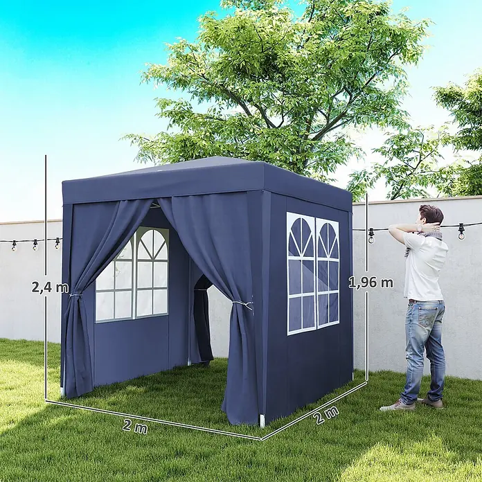 Outsunny Faltpavillon - B x T: 200 x 200 cm, Farbe Dach: Blau - Dunkelblaues Partyzelt mit Fenstern, 2x2m Grundfläche und 2,4m Höhe, mit Person zur Größenansicht.