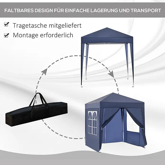 Outsunny Faltpavillon - B x T: 2 m x 200 cm, Farbe Dach: Blau - Blaues Faltpavillon als Gestell, in Tragetasche verpackt und komplett mit Seitenwänden und Fenstern aufgebaut. Tragetasche inklusive, Montage erforderlich.