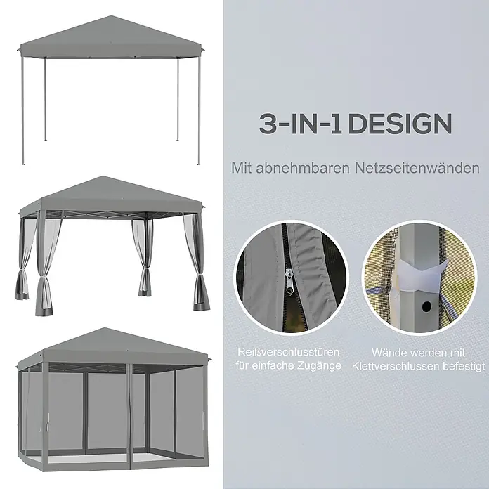 Outsunny Faltpavillon - B x T: 295 x 300 cm, Farbe Dach: Hellgrau - Grauer 3-in-1 Pavillon mit abnehmbaren Netzseitenwänden, Reißverschlusstüren und Klettverschlüssen für flexible Nutzung.