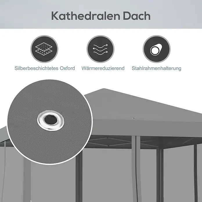 Outsunny Faltpavillon - B x T: 295 x 300 cm, Farbe Dach: Hellgrau - Graues Gazebo-Dach aus silberbeschichtetem Oxford-Gewebe mit wärmereduzierender Funktion und Stahlrahmenhalterung.