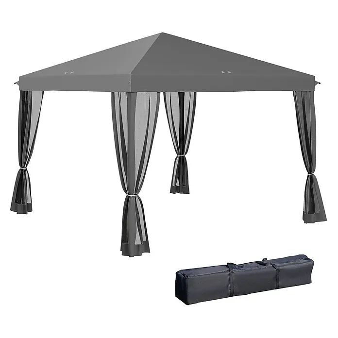 Outsunny Faltpavillon - B x T: 295 x 300 cm, Farbe Dach: Hellgrau - Grauer Pavillon mit zurückgebundenen Netzvorhängen und schwarzer Tragetasche.