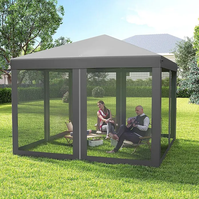 Outsunny Faltpavillon - B x T: 295 x 300 cm, Farbe Dach: Hellgrau - Dunkelgraues Netz-Pavillon im Garten mit zwei Personen, die sich entspannen.