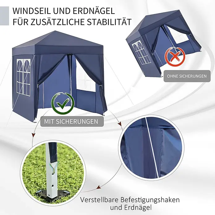 Outsunny Faltpavillon - B x T: 2 m x 200 cm, Farbe Dach: Blau - Blaues Partyzelt zeigt verbesserte Stabilität durch Windseile und Erdnägel, mit Kontrast zwischen sicherem und unsicherem Aufbau.