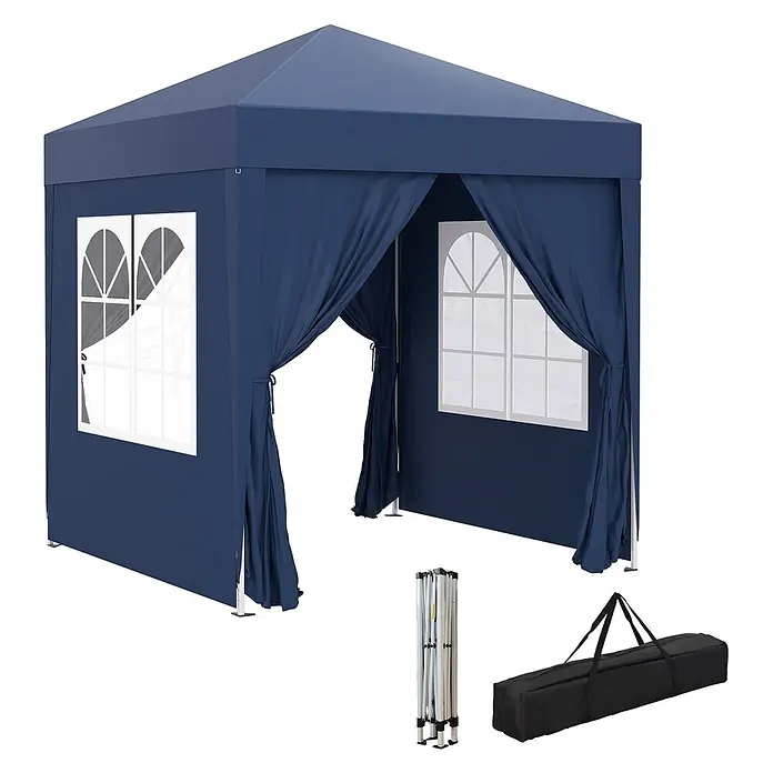 Outsunny Faltpavillon - B x T: 200 x 200 cm, Farbe Dach: Blau - Blaues Pop-up-Pavillon mit Rundbogenfenstern und festgebundenen Seitenwänden, zusammen mit dem gefalteten Gestell und der Tragetasche.